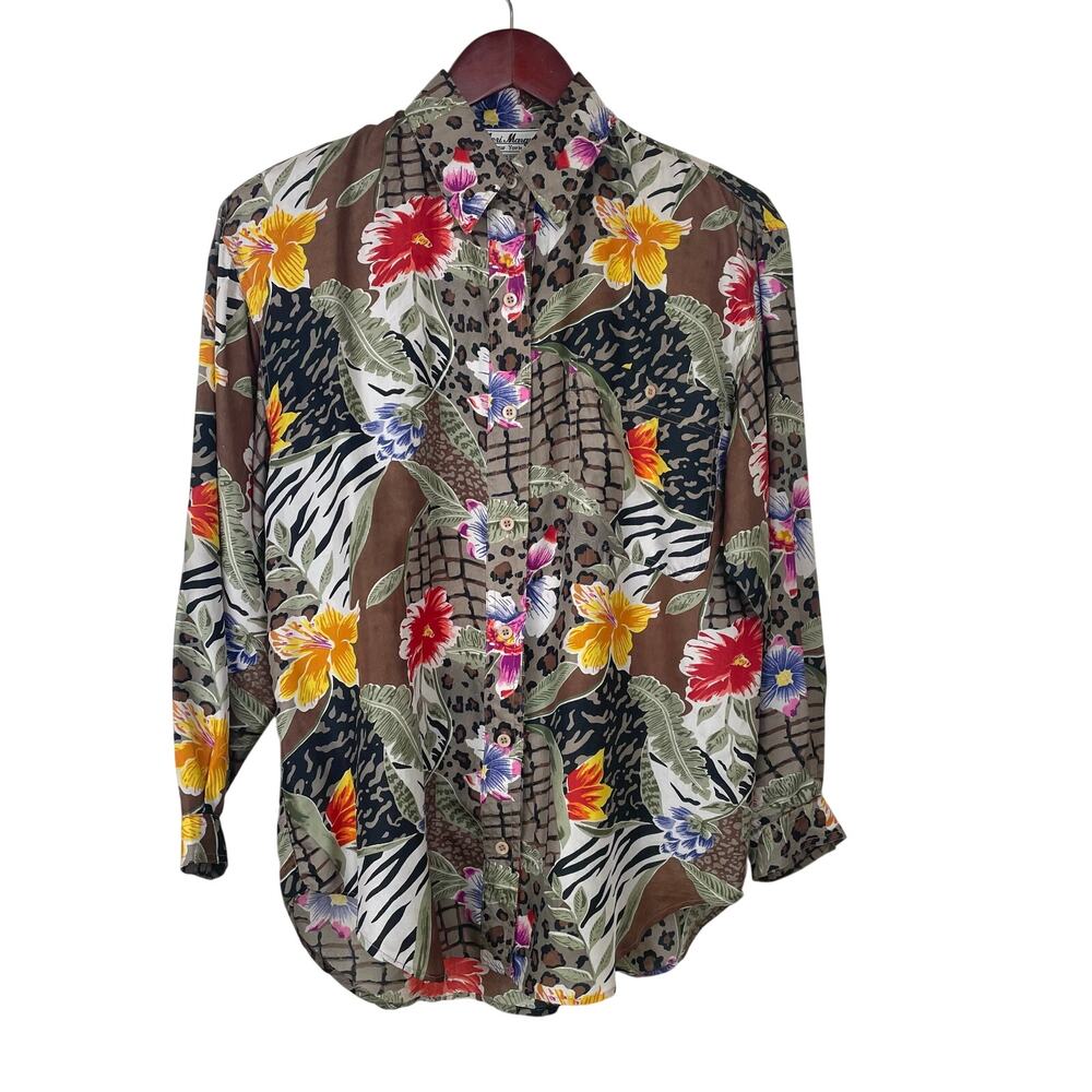Vtg Top Sz S %100 Silk Button Down Artsy Boho Grunge Maximalist Animal Print